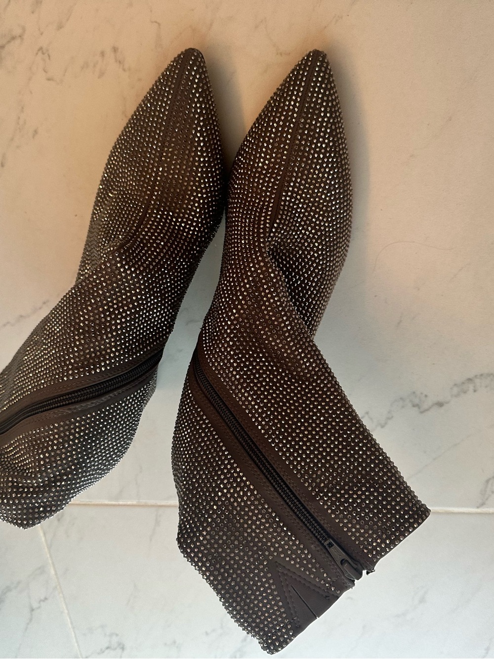 Embellished Pointed-Toe Ankle Boots in Black Fabric